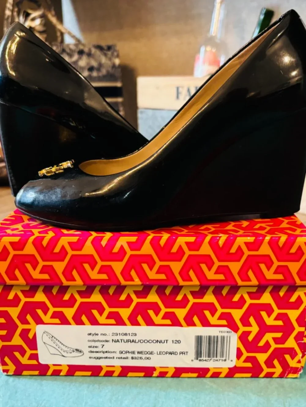 Tory Buch Patent Leather Peep Toe Jade Wedge